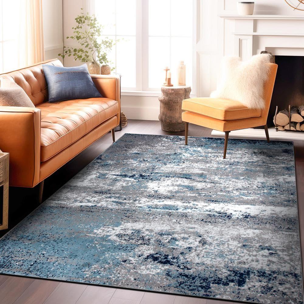 World Rug Gallery Distressed Abstract Watercolor Blue 6'6" x 9' Area Rug