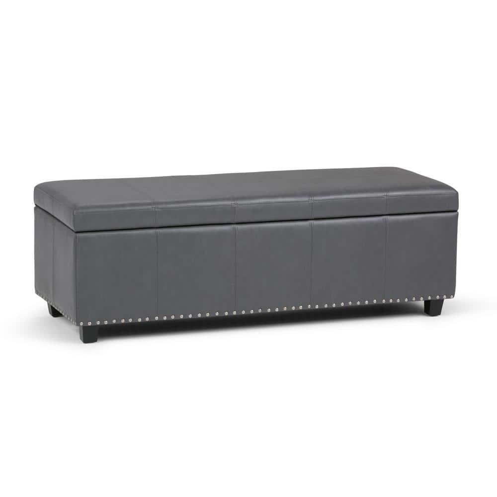 Simpli Home Kingsley 48"W Upholstered Storage Ottoman with Lift-Top Lid, Nailhead Trim, and Stitching Detail