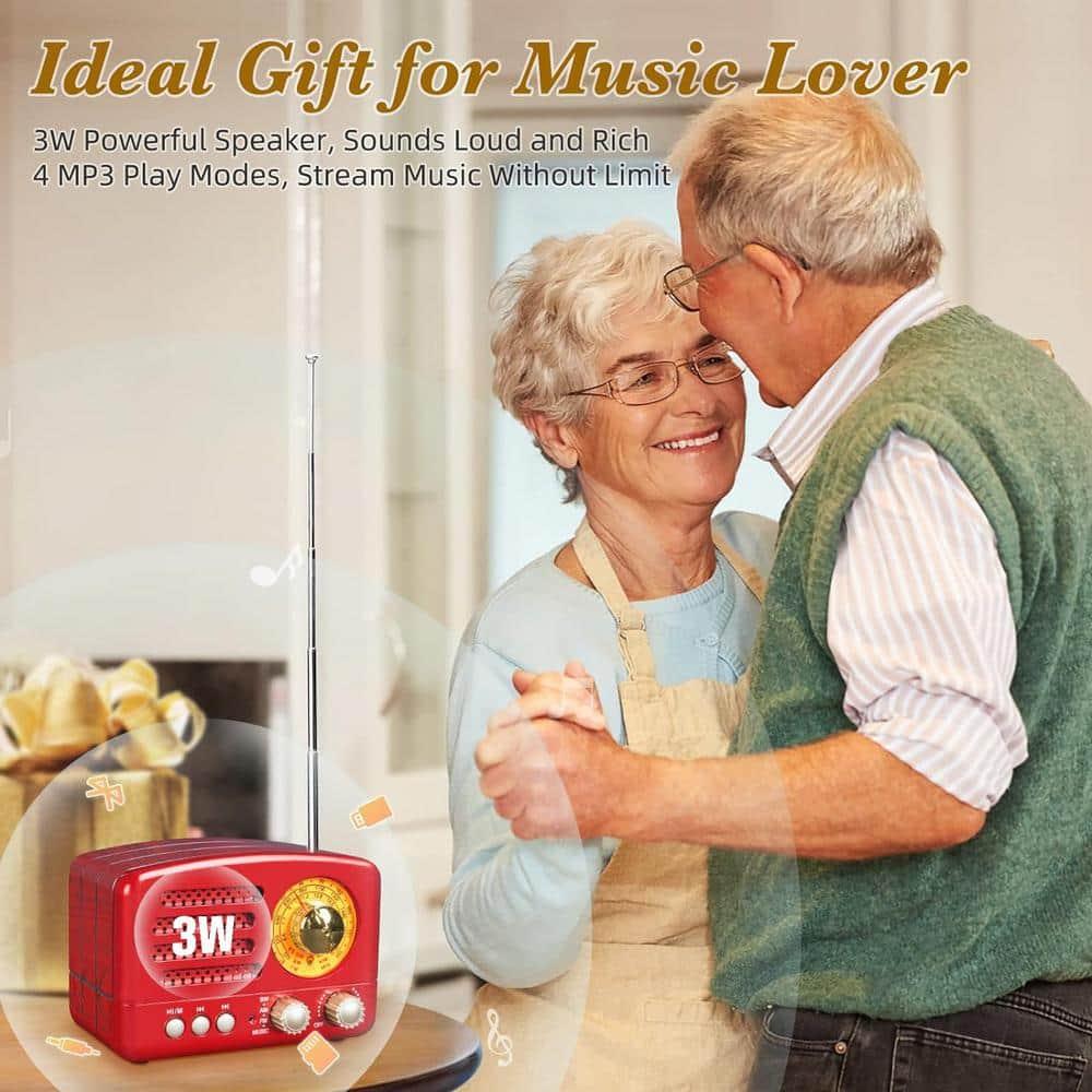 Retro Portable AM/FM Vintage Radio with Bluetooth, Transistor Radio Receiver, Rechargeable Battery, Support TF Card, AUX, USB, MP3 Player for Elder (Red)
