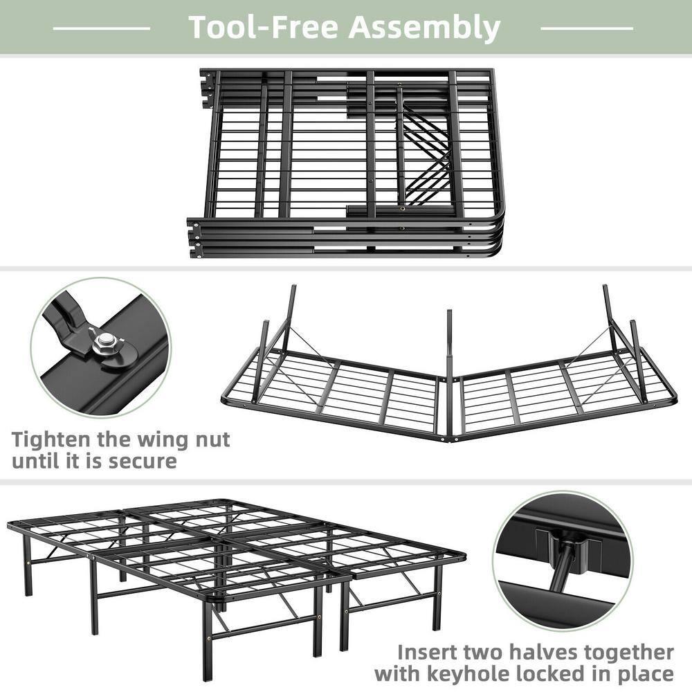 Black Steel Frame Queen Size Platform Bed Tool-Free Assembly with Foldable