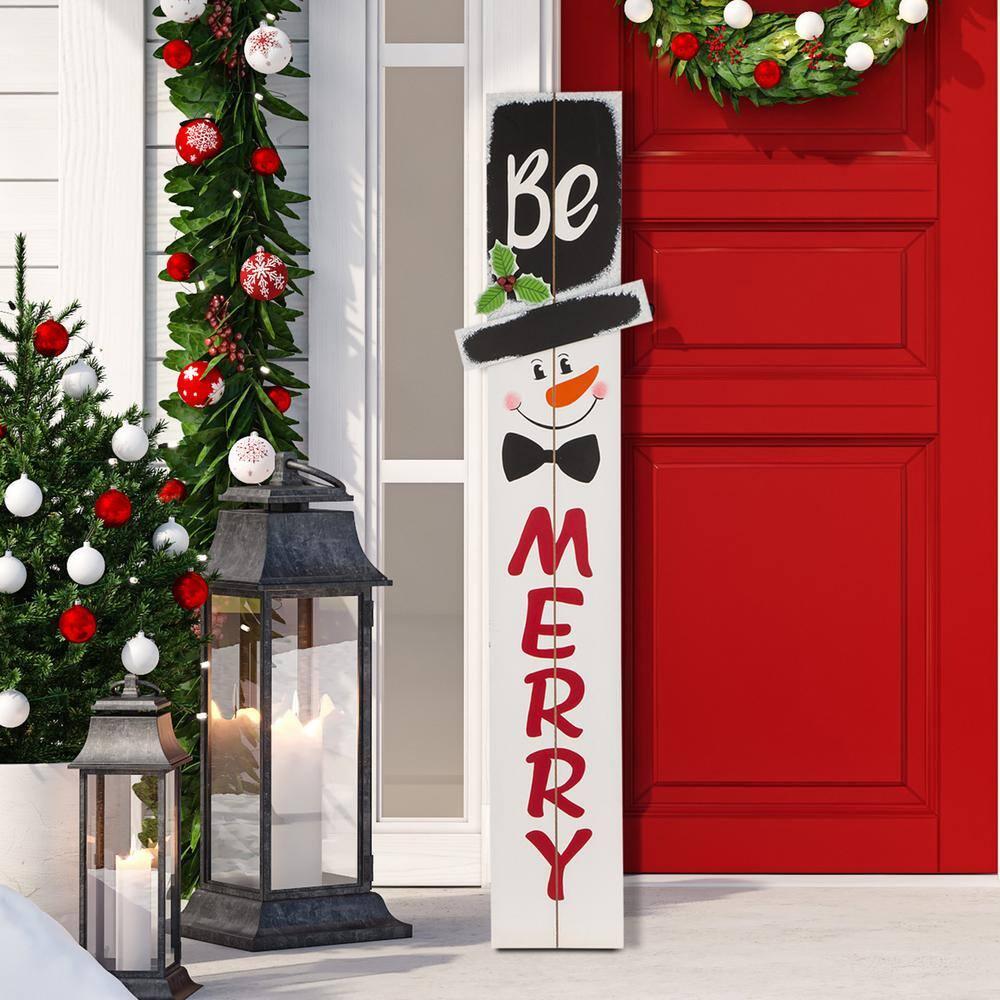 Glitzhome 42" H Wooden Welcome Sign Snowman Vertical Porch Sign Farmhouse Merry Hanging Signs Christmas Decorations for Front Door Wall Display