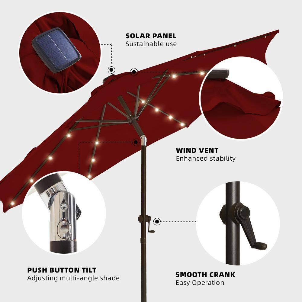 JEAREY Upgrade 9FT LED Lighted Patio Umbrella, Solar Outdoor Umbrella, Tilt Table Umbrella for Pool, Deck & Yard (Red)