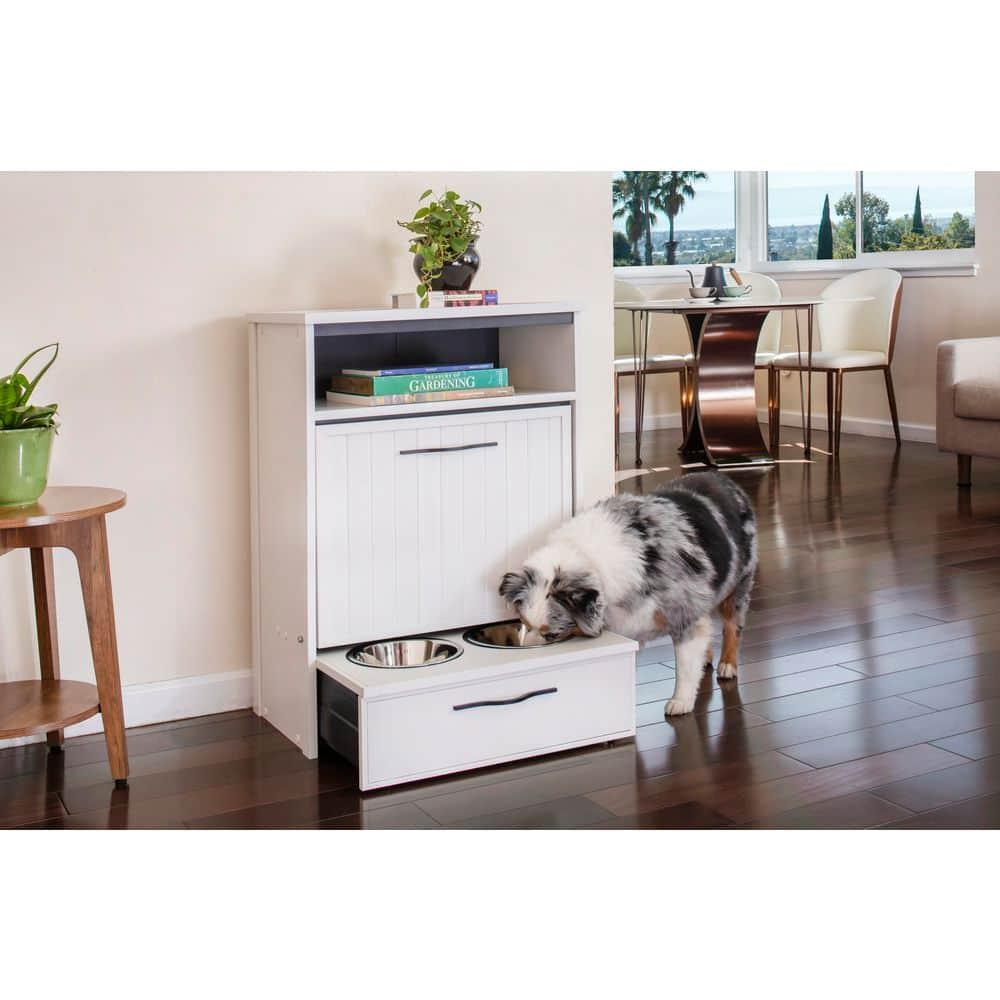 New Age Pet® ECOFLEX® Dog Food Pantry with Double Stainless Steel Bowls - Durable Composite, Includes 2x 32oz Bowls, Storage for 25 lbs of Dog Food, Easy Assembly, Moisture Resistant