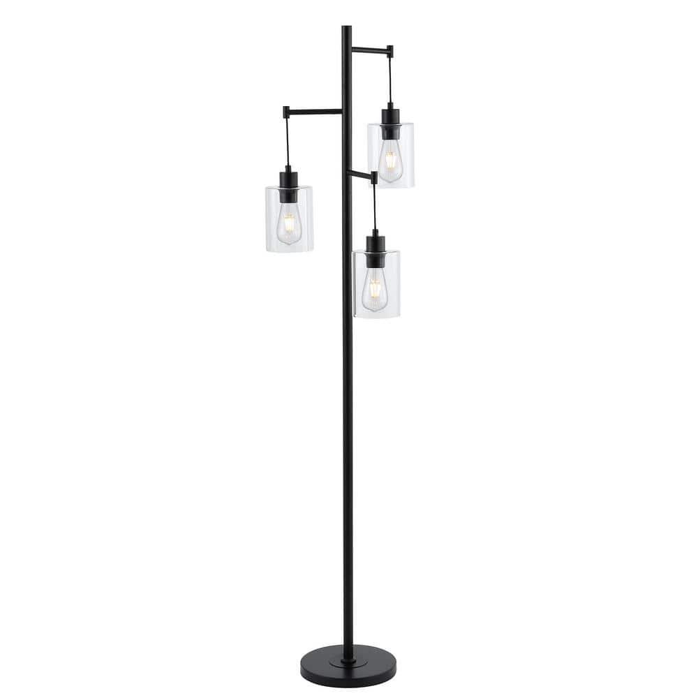 Ledel Get 69" Industrial 3-Light Tree Floor Lamp with Glass Shades Black