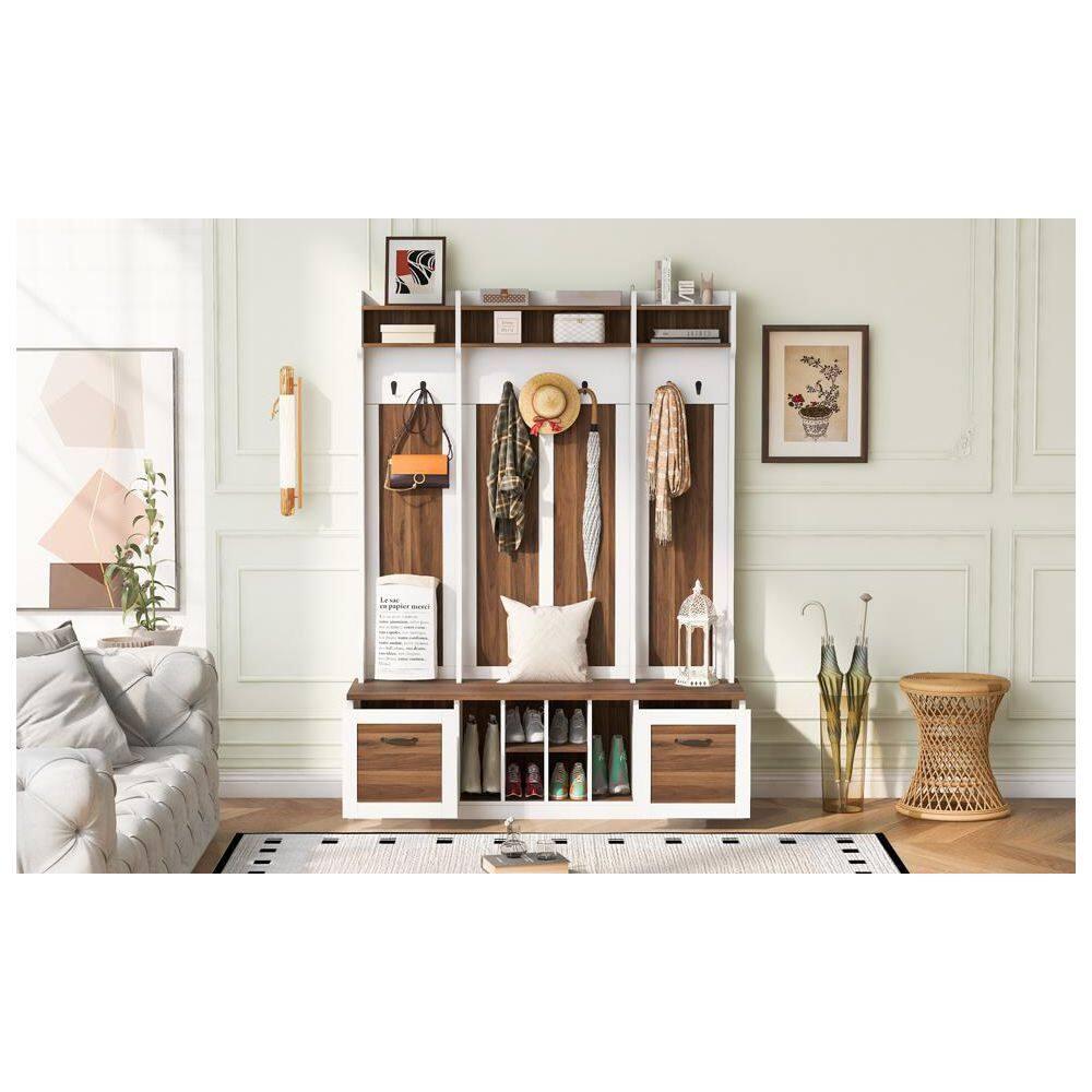 3 in 1 Hall Tree Coat Hanger Entryway Bench with 6 Hooks & Adjustable Shelves, Solid Wood Hallway Organizer with Storage Compartment for Hallway Living Room Mudroom, Brown