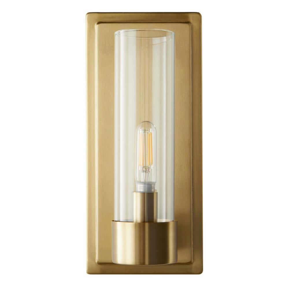 Closmere 5 in. 1-Light Brushed Gold Mid-Century Modern Wall Sconce with Clear Glass Shade