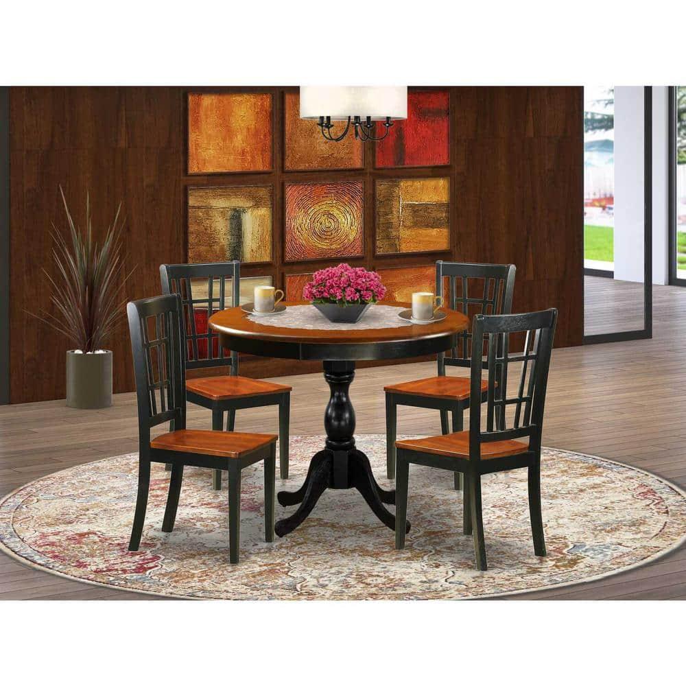 Mid-Century Cherry and Black 5-Piece Dining Set with Slatted Chairs