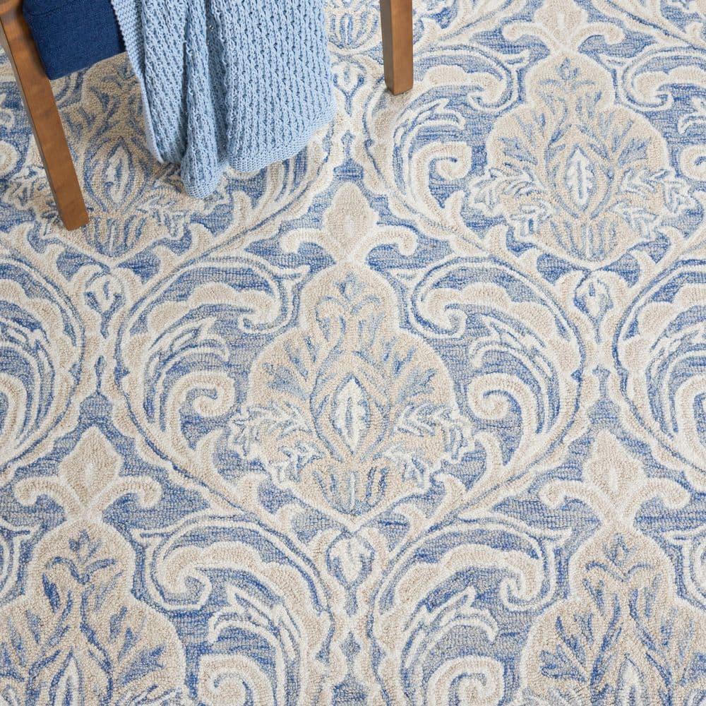 Handmade Medallion Tufted Wool Rug 9' x 12' in Blue and Ivory
