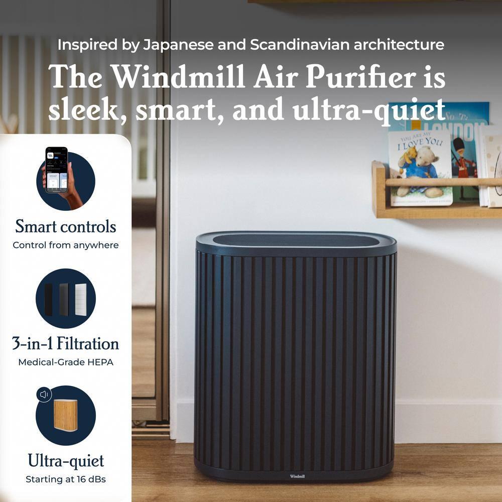 Windmill Windmill Smart Air Purifier for Home – Beautiful Modern Design – 3 in 1 with Medical Grade HEPA Activated Carbon Filter and Pre Filter – Quiet with White Noise Mode – Laser Sensor – Covers up to 1950 sq ft – Great for Smoke Dust Pets and Allergies