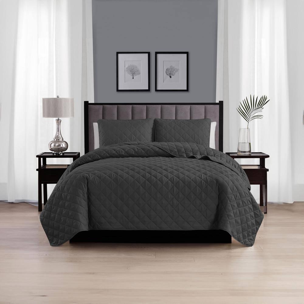 Swift Home | Essential Diamond Stitched 3-Piece Quilt Set Dark Grey Twin/Twin XL