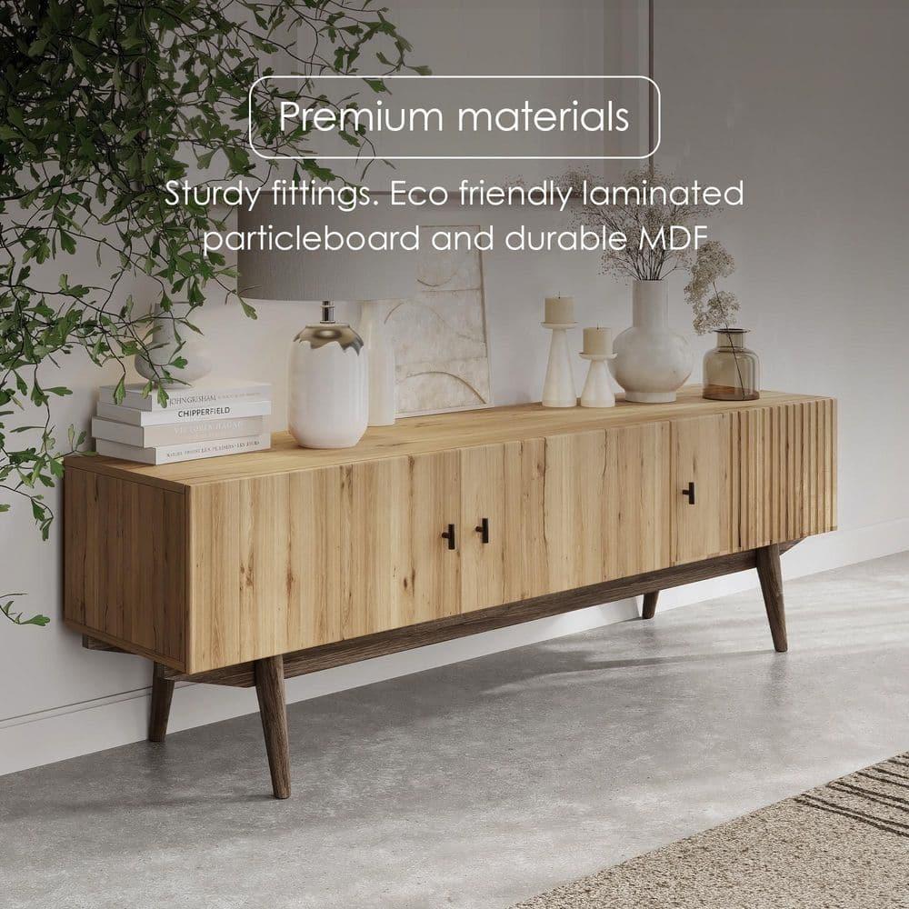Living Skog  Chelsea Brown TV Stand Fits for TV's up to 65 in. with Slatted Design and Wood Legs light brown Matte Laminate