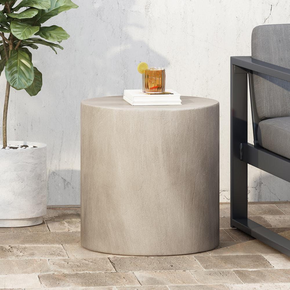 Noble House Massey Outdoor Cylindrical Concrete Stone Side Table in Light Gray