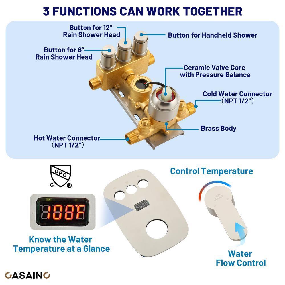 CASAINC BR01008SX12BN Rainfall Symphony 12inch Dual Showerhead Temperature Display Shower System with 2 in 1 Slider Bar Shower Handheld