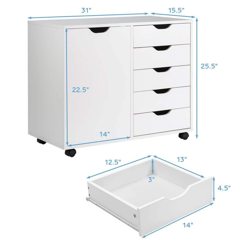 5-Drawer Chest with 1 Door, Wooden Chest of Drawers Storage Dresser Cabinet with Wheels, Office Organization and Storage, Bedroom Furniture (White-S)