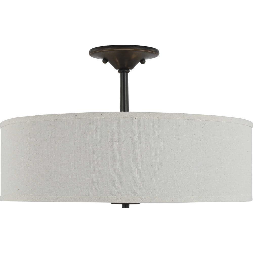Progress Lighting, Inspire Collection, 3-Light Semi-Flush Mount, Antique Bronze, Off-White Linen Shade