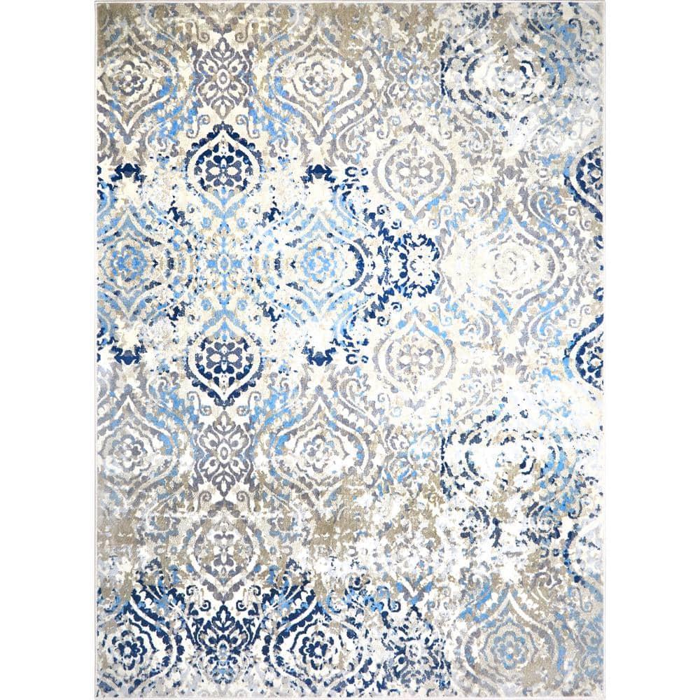 Home Dynamix Melrose Audrey Ogee Damask Area Rug, Ivory/Blue, 7'10"x10'2"