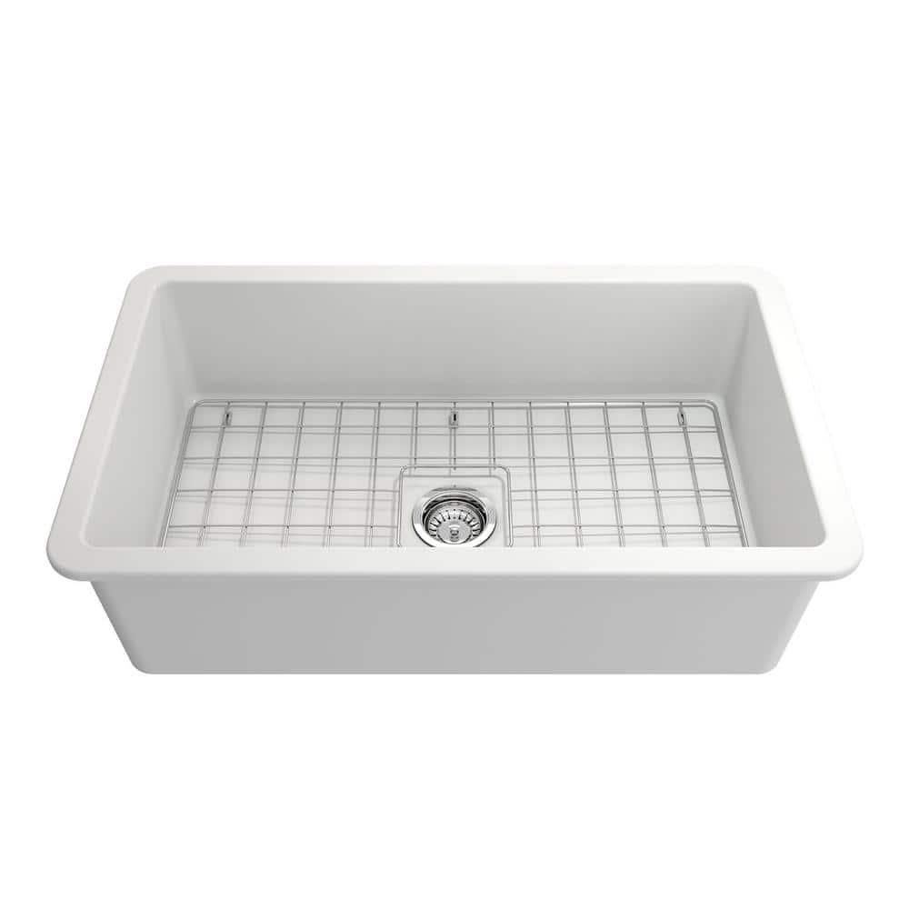 BOCCHI Sotto Undermount Fireclay 32 in. Single Bowl Kitchen Sink with Protective Bottom Grid and Strainer in Matte White