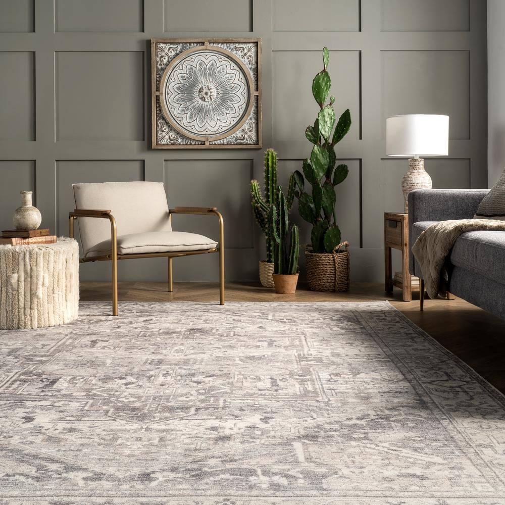 Nuloom 6 Round Machine Washable Rain Haven Vintage Medallion Indoor Area Rug, Grey Non-Slip Backing, Stain Resistant,  BedroomLiving Room, Kitchen