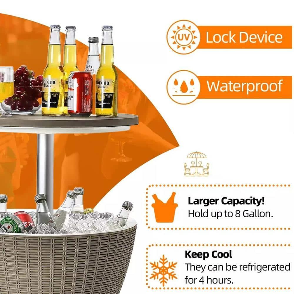 Topcobe 3 in 1 8 Gallon Patio Rattan Cooler Bar Table with Adjust Ice Bucket, Outdoor Patio Furniture for Balcony Garden Backyard -Brown