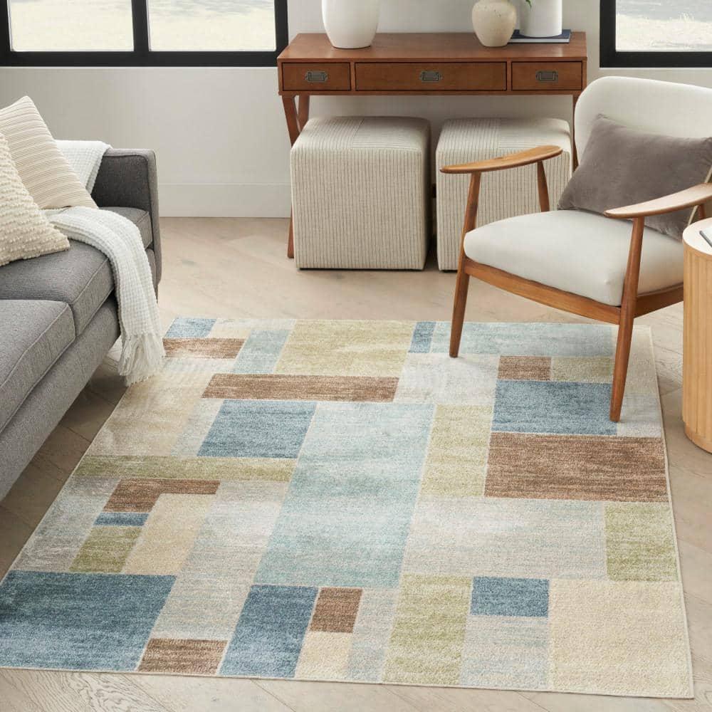 Nourison Astra Machine Washable Contemporary Color Block Indoor Rug Blue Green Multi 5'3" x 7'