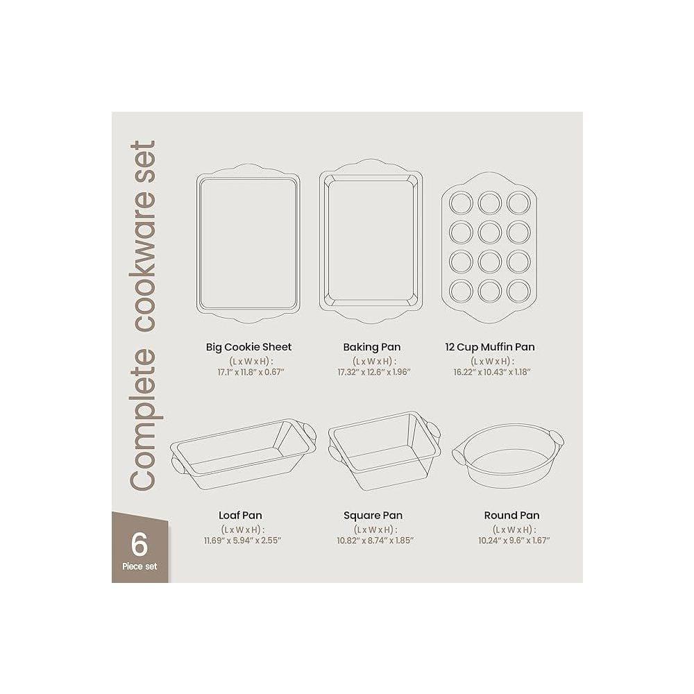 BAKKEN 6-Piece Deluxe Nonstick Baking Pan Set - Professional Grade Carbon Steel Bakeware with White Marble Coating & Silicone Handles