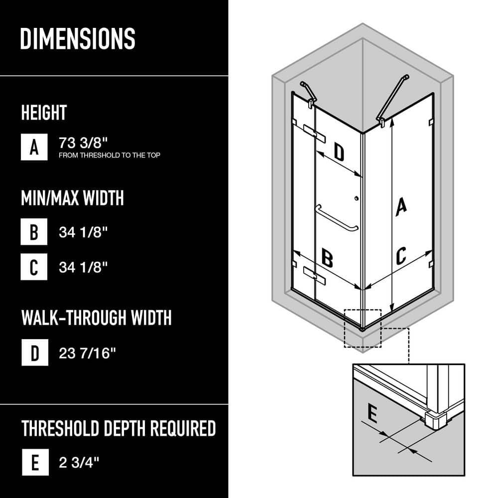 Monteray 36" W x 36" D x 79" H Hinged Frameless Shower Enclosure with 3/8Clear Glass&Base
