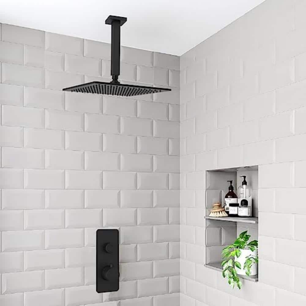 Aquaiaw Shower Head, 12 inch Fixed Rain Head Shower, Seamless Laser Soldered 304 Stainless Steel, 1-Piece Construction, Matte Black, Square, Wall or Ceiling High Pressure Shower, 2.5 GPM, Brass Joint