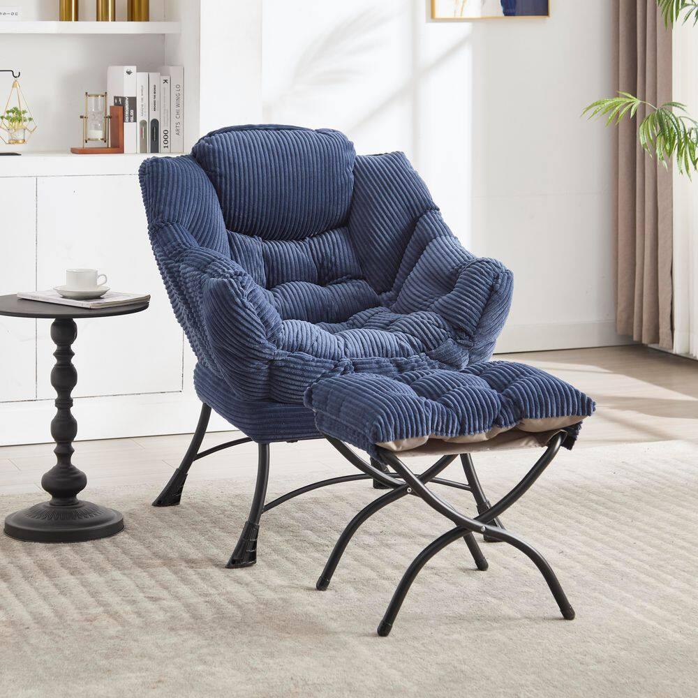 Modern Lazy Chair with Ottoman, Accent Chair with Armrests and a Side Pocket, Blue Cotton Reading Chair with Footrest-Coolbibila