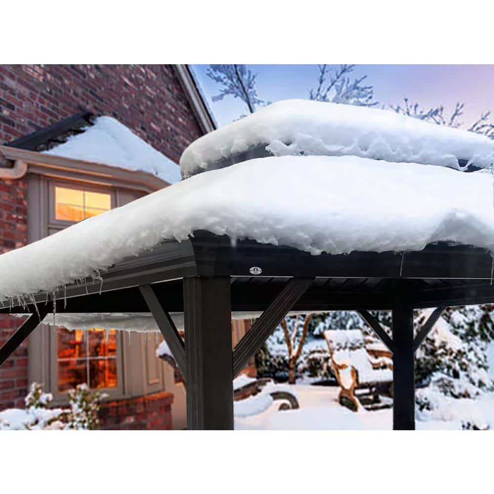 Arlmont & Co. Istref 10x12 Dark Brown Double Roof Hardtop Gazebo with Curtain and Mosquito Netting