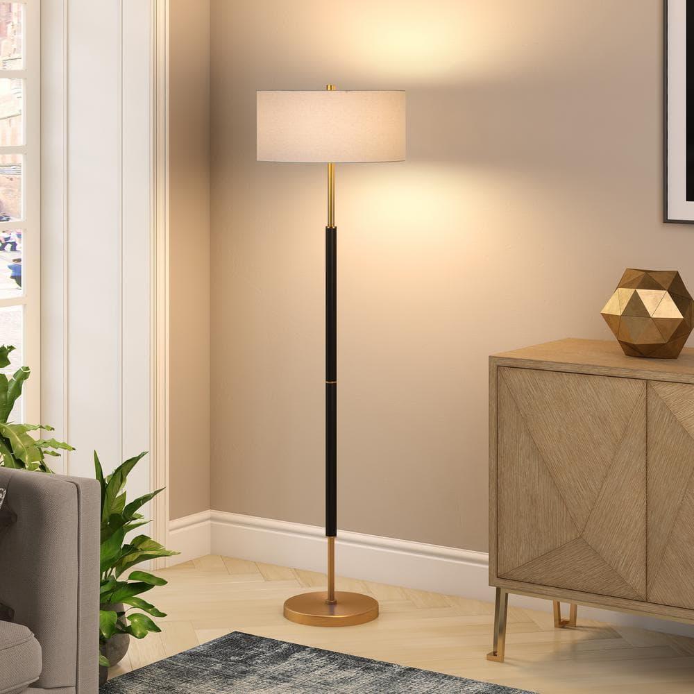 Evelyn&Zoe Simone 2-Light Floor Lamp with Fabric Shade, Matte Black/Brass/White