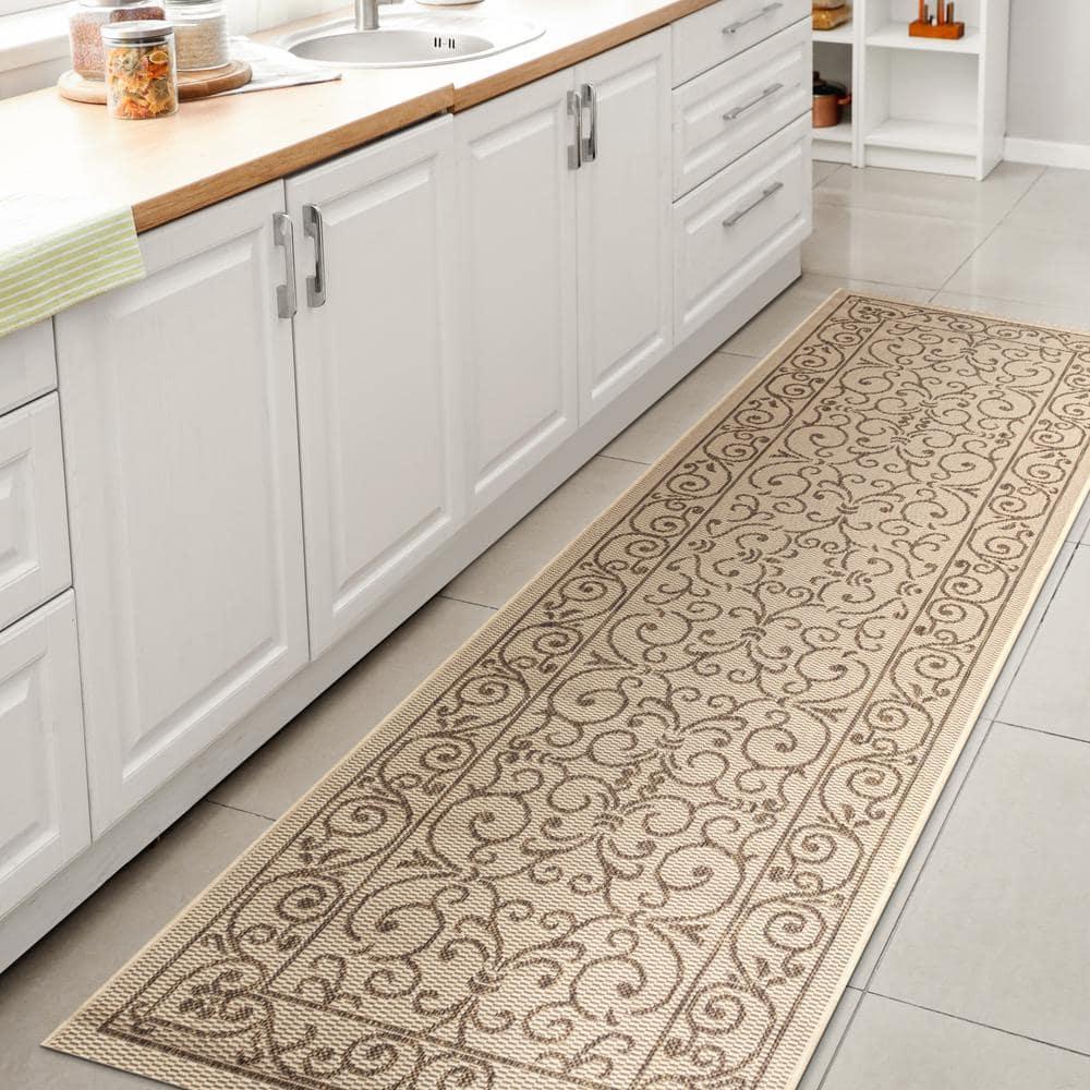 2' X 10' Charleston Vintage Filigree Textured Weave Indoor/Outdoor Runner Rug, Beige/Brown - JONATHAN Y