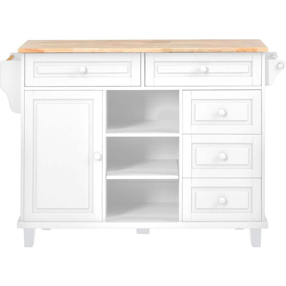 Kitchen Island Cart with 5 Drawers, 1 Cabinet and 2 Adjustable Shelves, 52.8" Kitchen Trolley Cart with Spacious Tabletop and Locking Wheels, Buffet Server Sideboard with Spice Rack & Towel Rack White