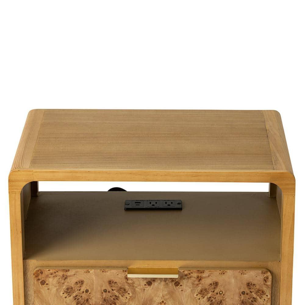 COZAYH Farmhouse 2 Drawer Home Bedroom Nightstand with Charging Station, Side Table with Power Outlet, USB and Type-C Ports, Burl Wood Finish, Natural