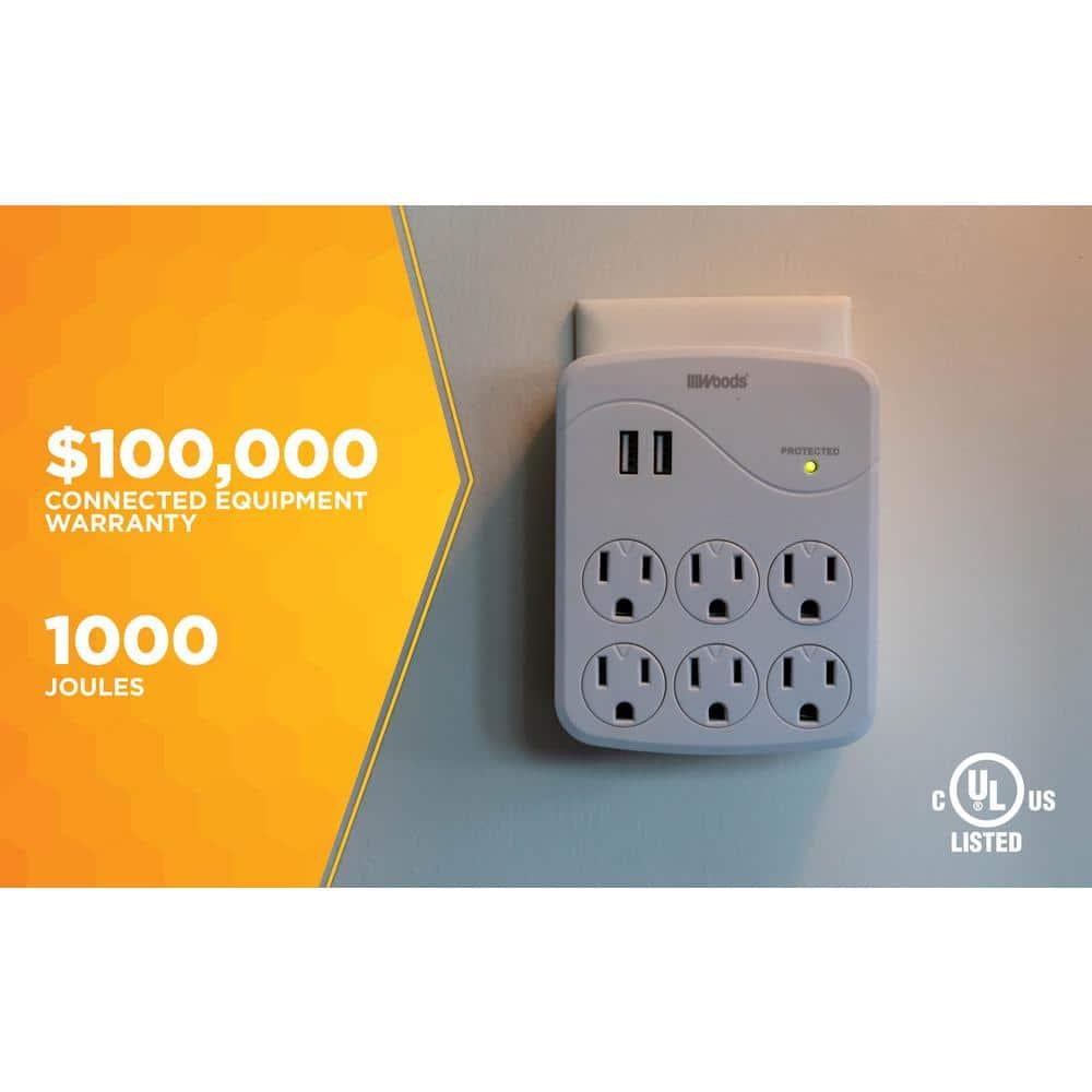 Woods 41076 Surge Protector with 6 Power, 6-Outlet 1440J of Protection