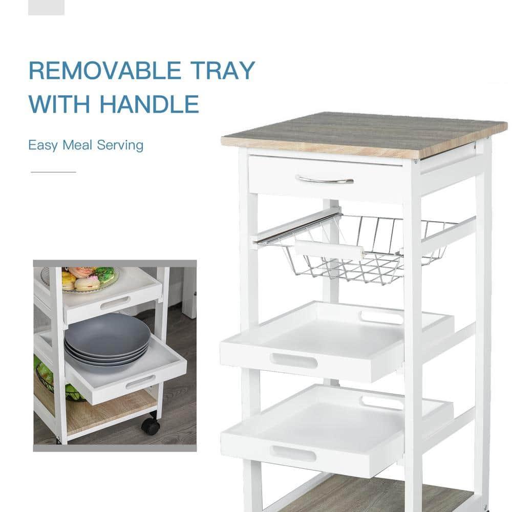HOMCOM Mobile Rolling Kitchen Island Trolley Serving Cart with Underneath Drawer & Slide-Out Wire Storage Basket, White