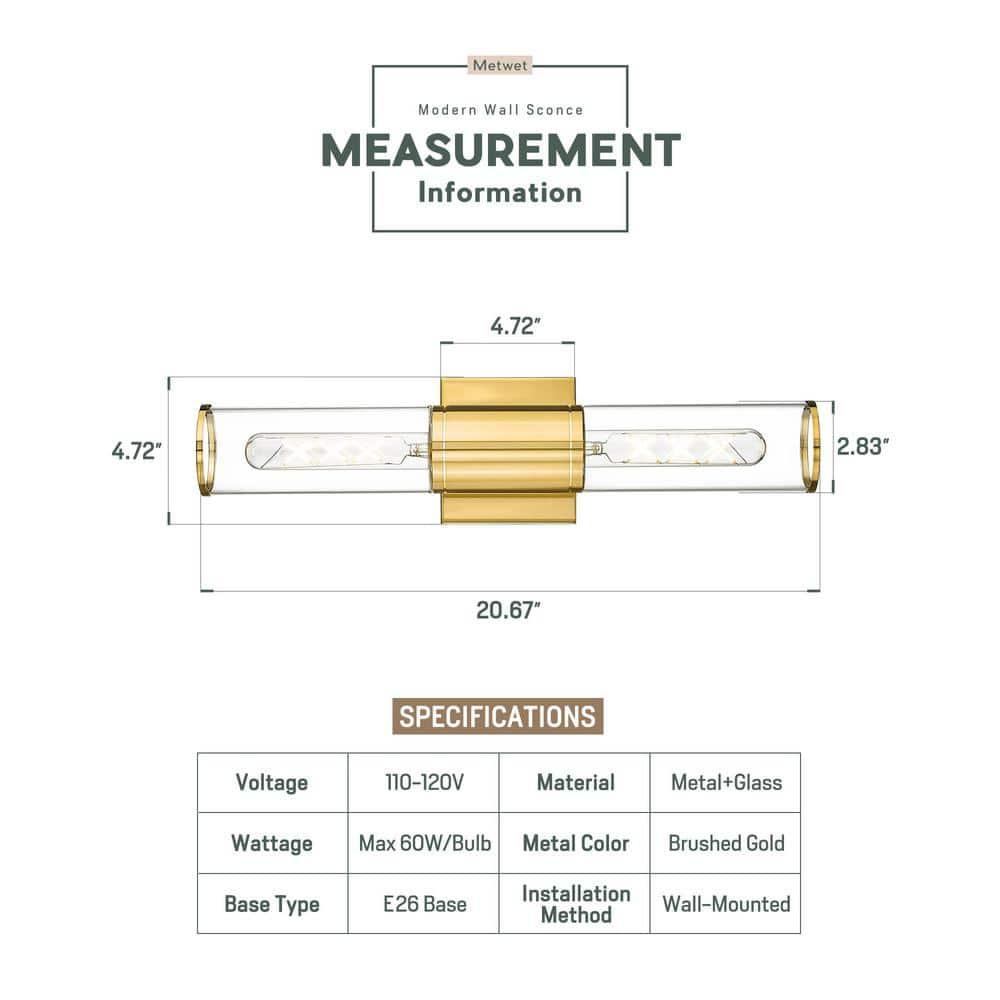Progress Lighting Clarion 2-Light Brushed Nickel Glass Modern Bath Vanity Light, Satin Brass, Cylindrical Shade