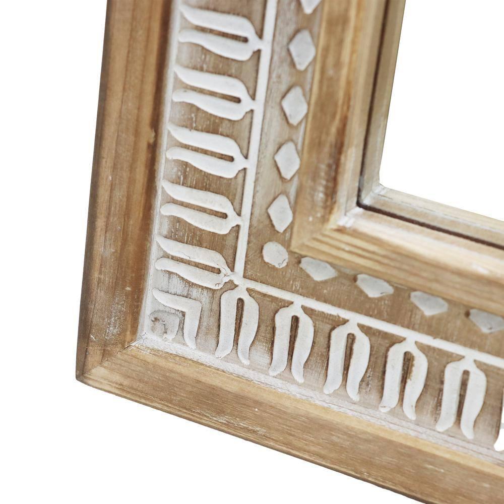 Parisloft Rectangular Carved Wood Wall Mirror - 20 x 23.6 Inches, Farmhouse Wood Mirror for Bathroom, Living Room or Bedroom, Rustic Brown and White