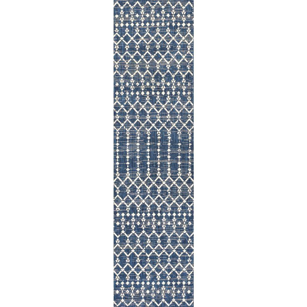 2' x 10' Ourika Moroccan Geometric Textured Weave Indoor/Outdoor Runner Rug, Navy/Beige - JONATHAN Y