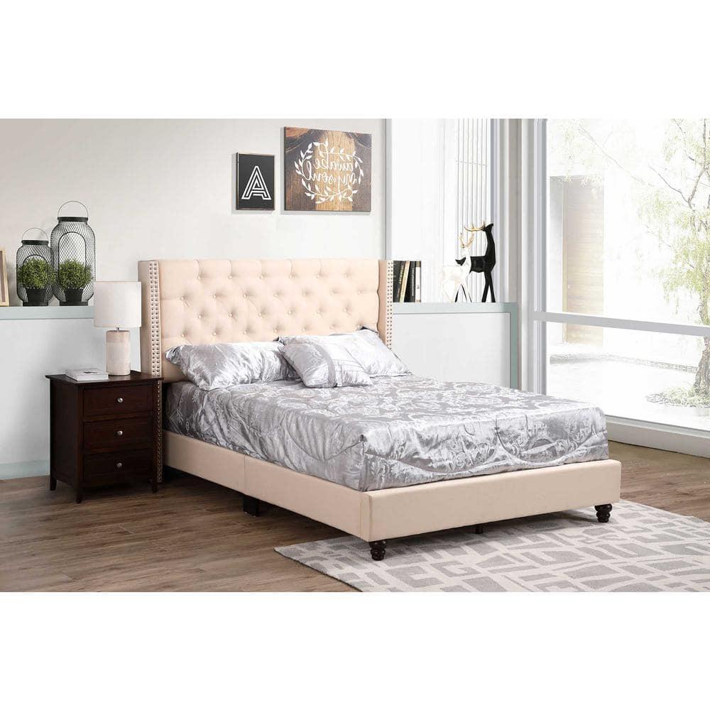 Passion Furniture Julie Beige Tufted Upholstered Low Profile Queen Panel Bed