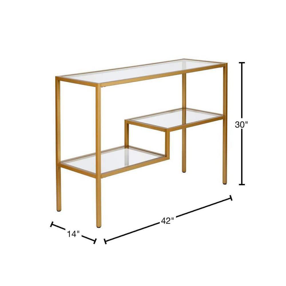Brass and Glass Console Table with Storage Shelves
