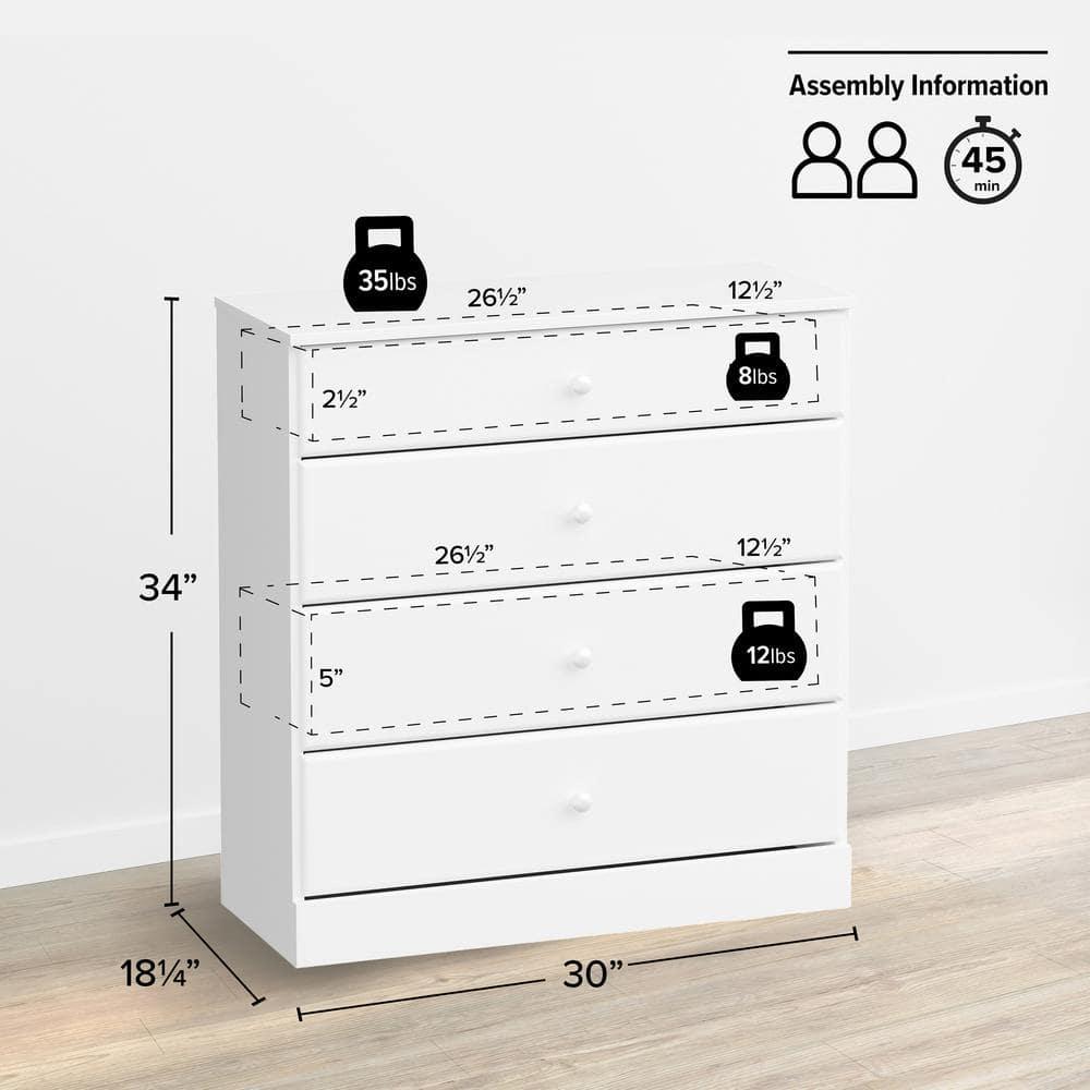 4 Drawers Astrid Dresser White - Prepac: Contemporary Storage Chest, Bedroom Furniture