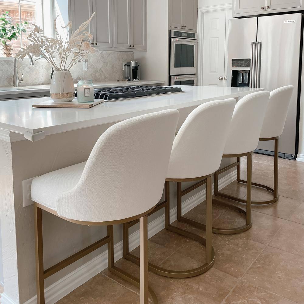 Leick Home 10132GD/WT Barrel back Counter Stool Set of 2 in White Linen Seat and Gold Metal Base