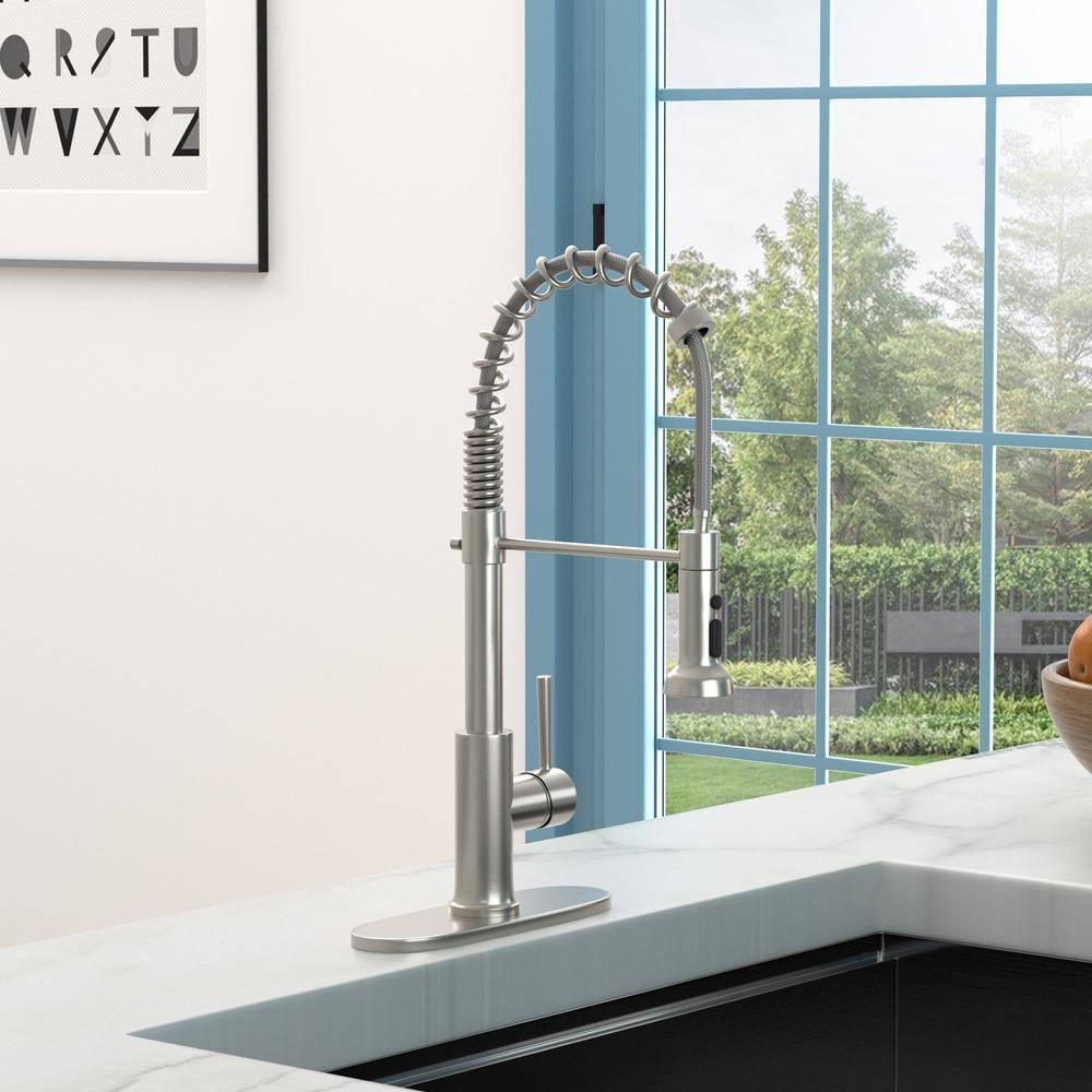 SHACO Kitchen Faucet, Stainless Steel Kitchen Faucet with Pull Down Sprayer, Commercial Single Handle Spring Faucet for Farmhouse Camper Laundry Utility RV Wet Bar Sink Brushed Nickel