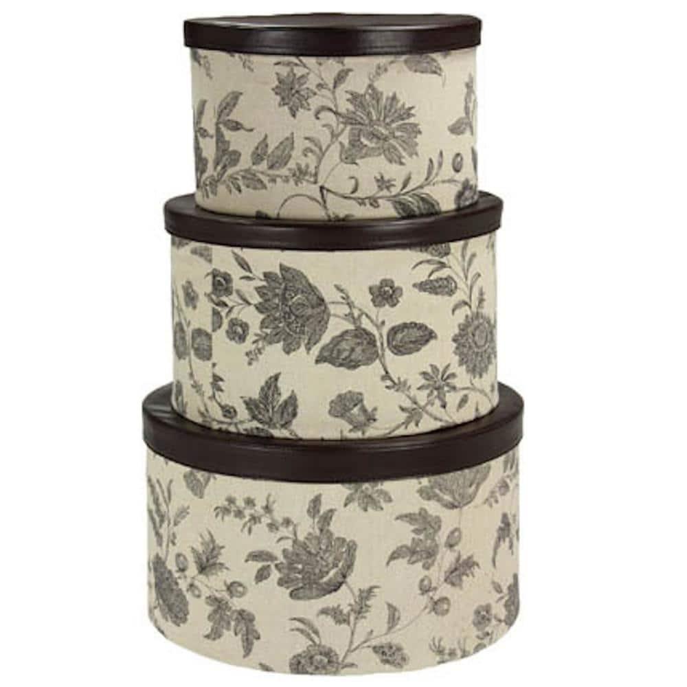 Round Hat Boxes with Lids, Detailed Floral Print with Faux Leather Lids, Large, Medium and Small, Black and Tan