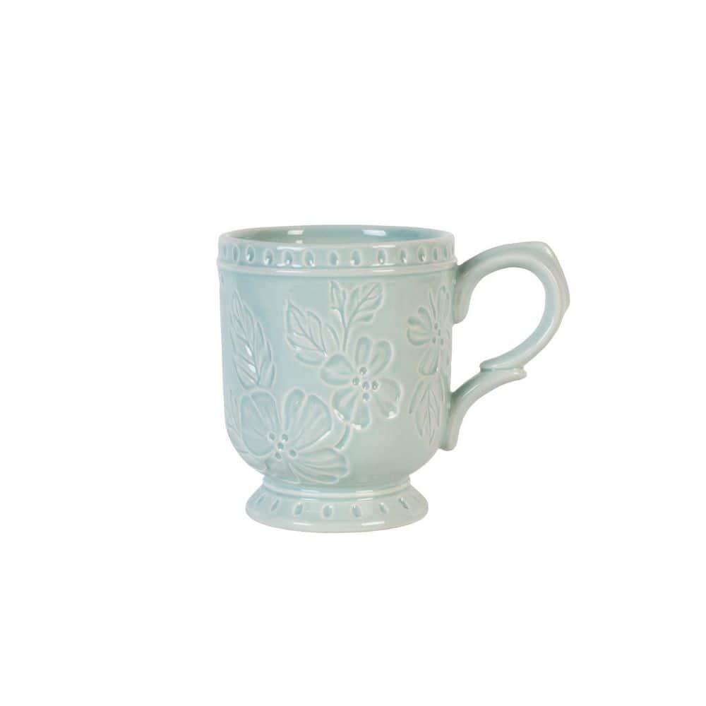 Blue Ceramic Floral Etched 12 Oz Mug Set of Four