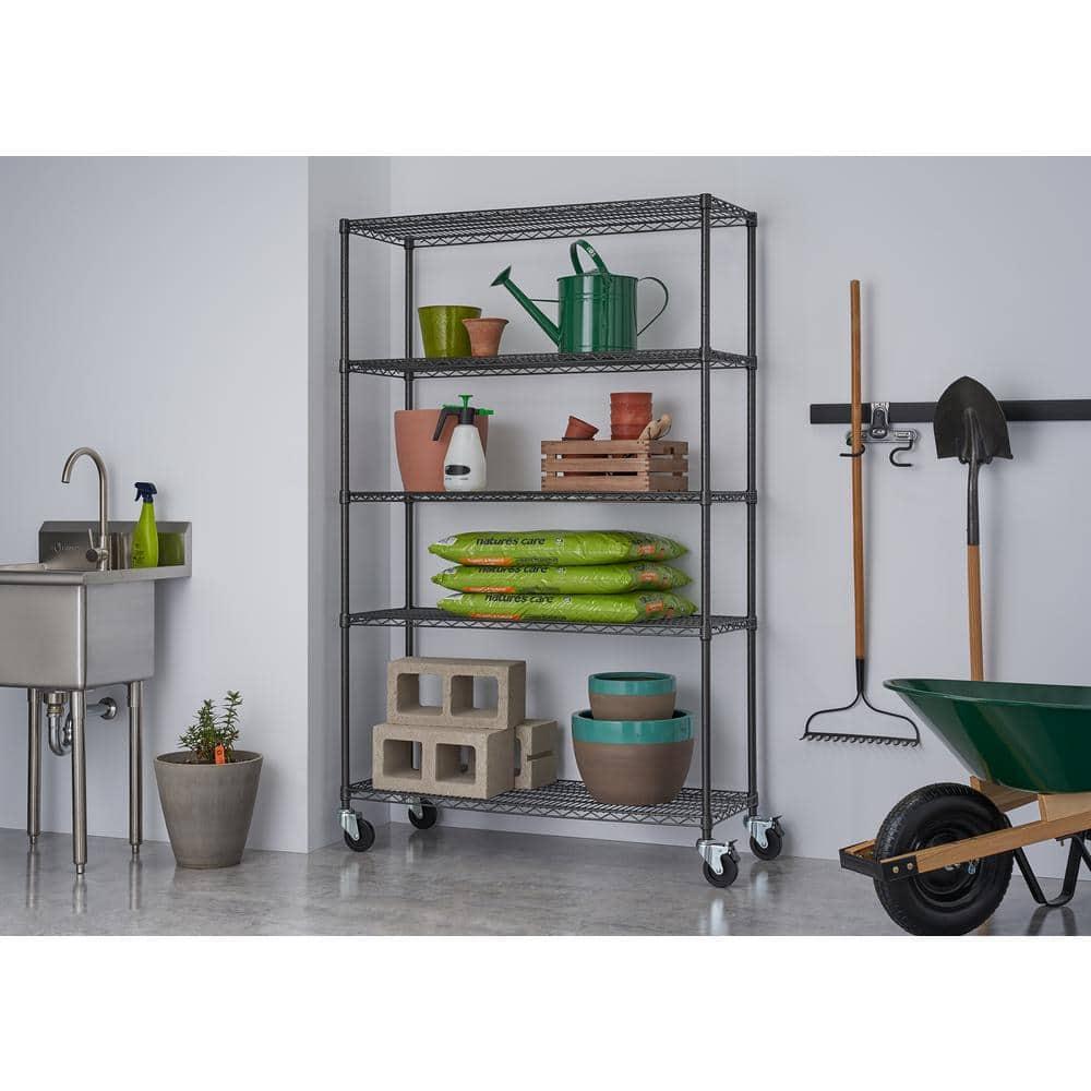 Industrial Black Steel 5-Tier Wire Shelving Unit with Wheels