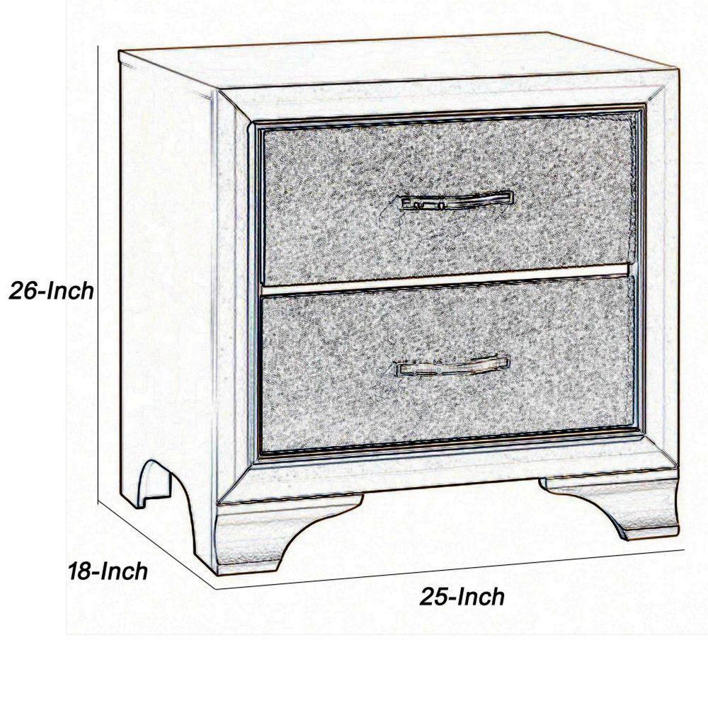 Benjara 2 Drawers Contemporary Nightstand with Mirror Accents and Metal Pull,Silver