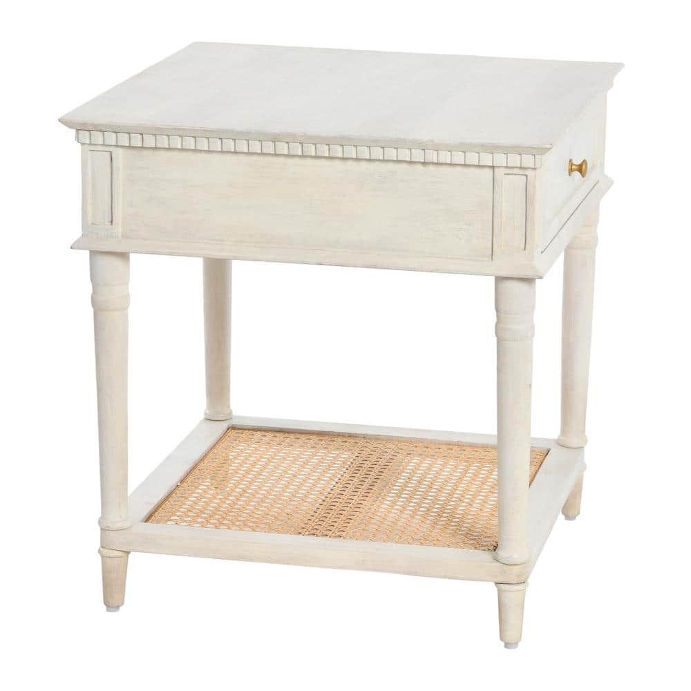 Creative Co-Op Maxwelton Solid Wood End Table with Drawer and Woven Cane Storage Shelf, Distressed White and Natural