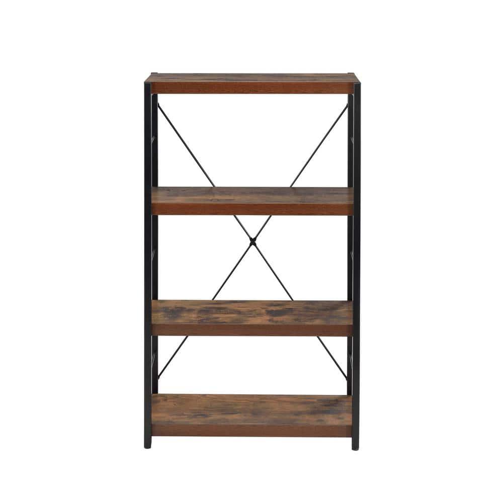 4 Tiered Metal Framed Wooden Bookshelf Weathered Oak Brown and Black - Saltoro Sherpi