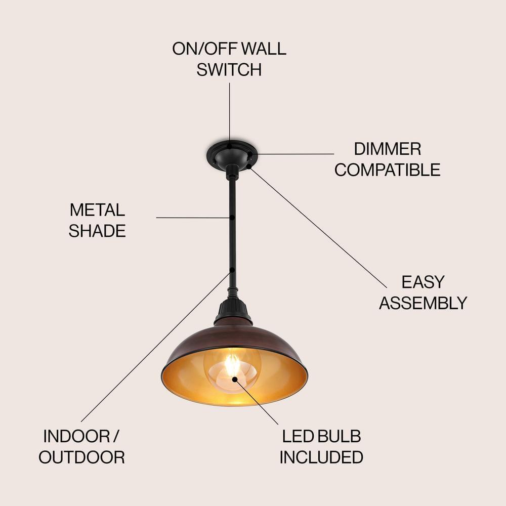 Jasper 12.25" 1-Light Farmhouse Industrial Indoor/Outdoor Iron LED Pendant, Wood Finish/Copper